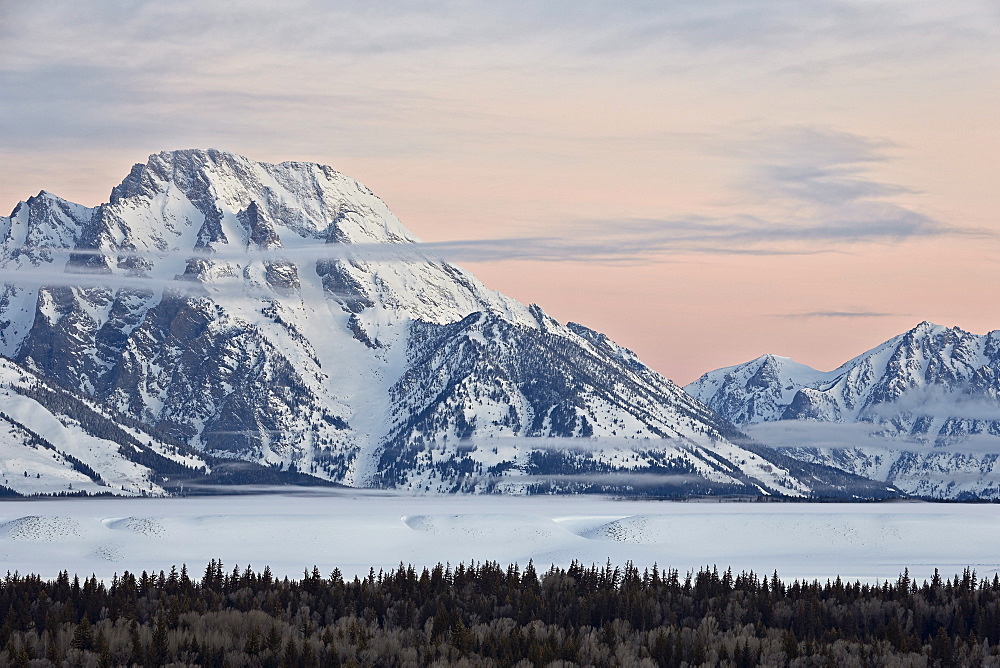 Mount Moran at dawn in the winter, Grand Teton National Park, Wyoming, United States of America, North America