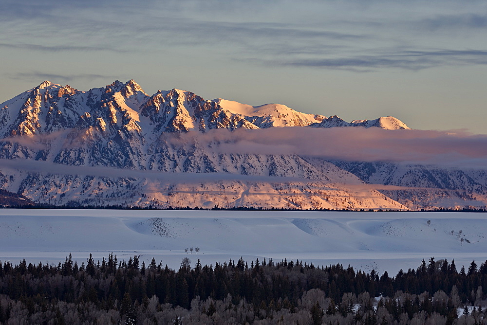 Teton Range at first light in the winter, Grand Teton National Park, Wyoming, United States of America, North America