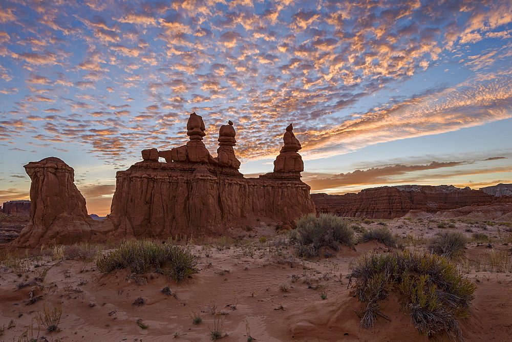 The Three Judges at sunrise, Goblin Valley State Park, Utah, United States of America, North America