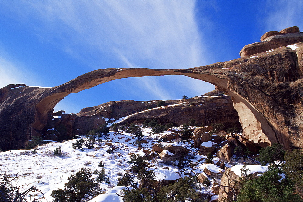 Landscape Arch with snow, Arches National Park, Utah, United States of America, North America