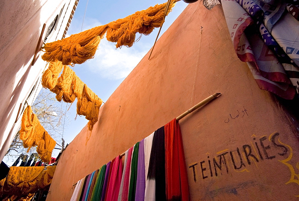 The Dyers Souks, freshly dyed wools drying, Medina, Marrakech (Marrakesh), Morocco, North Africa, Africa