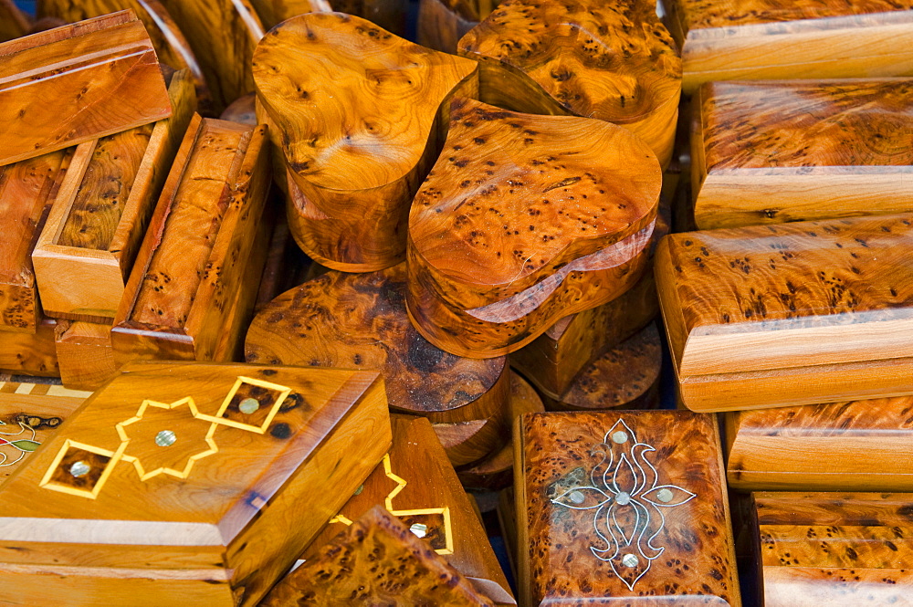 Briar-root and thuya boxes for sale in the Old City, Essaouira, Morocco, North Africa, Africa