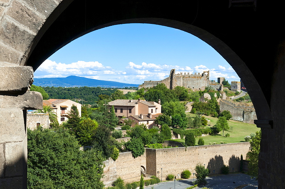 View of Tuscania and ruins of Rivellino Castle, Tuscania, Viterbo Province, Latium, Italy, Europe