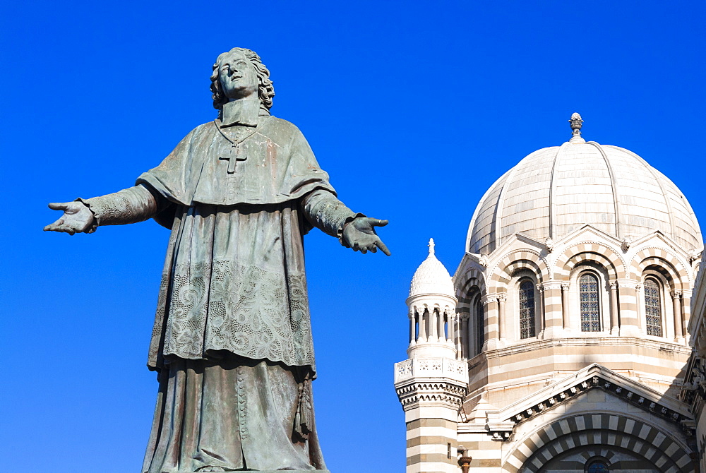 De Belsunce statue at the Cathedral of Marseille (Notre-Dame de la Major) (Sainte-Marie-Majeure), Marseille, Bouches du Rhone, Provence-Alpes-Cote-d'Azur, France, Europe