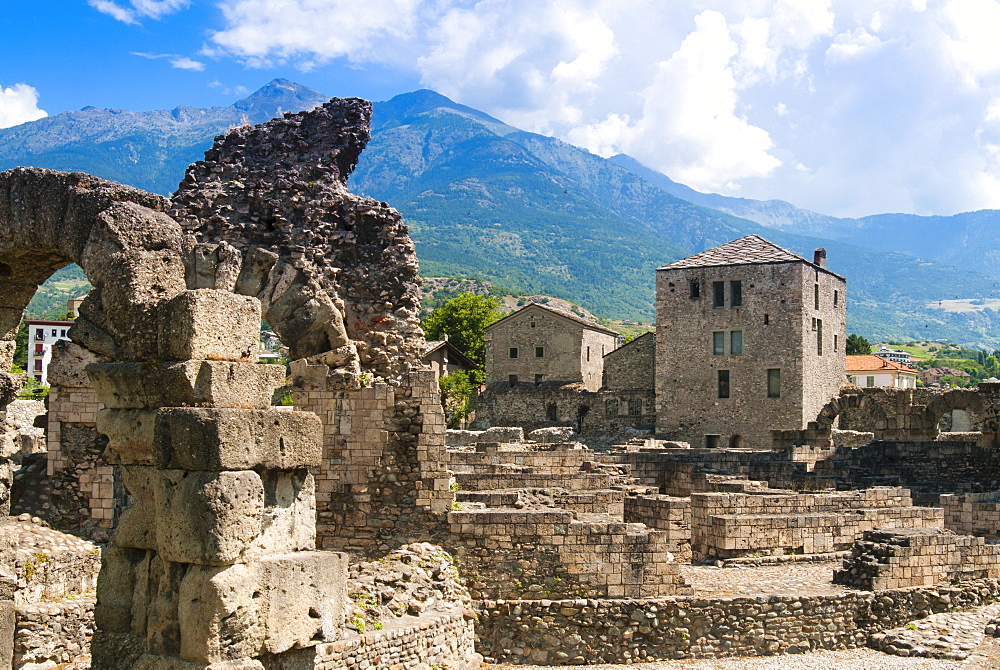 Roman Theater (Teatro Romano) and Fromage tower, Aosta, Aosta Valley, Italian Alps, Italy, Europe