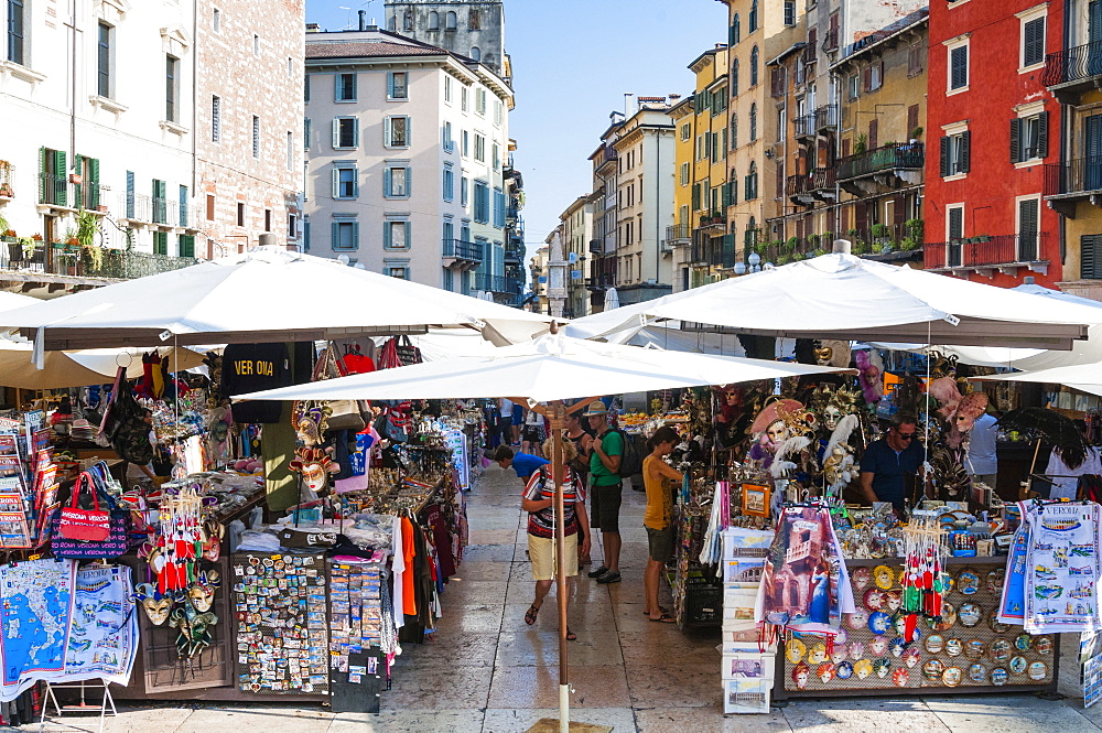 Market at Piazza delle Erbe, Verona, UNESCO World Heritage Site, Veneto, Italy, Europe