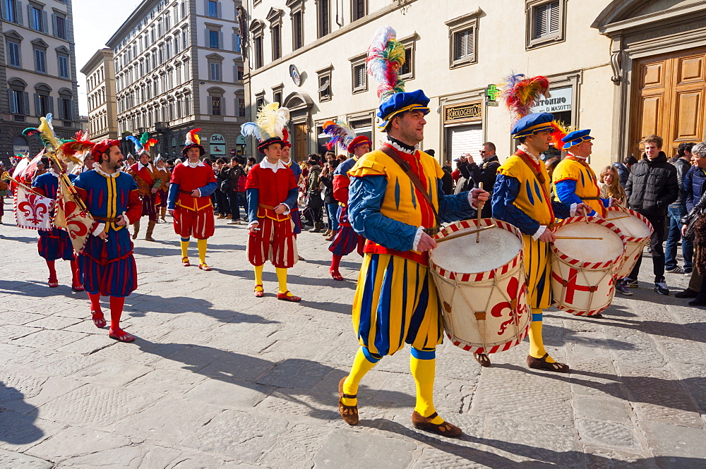 Musicians of Calcio Storico, Piazza Duomo, Florence (Firenze), Tuscany, Italy, Europe