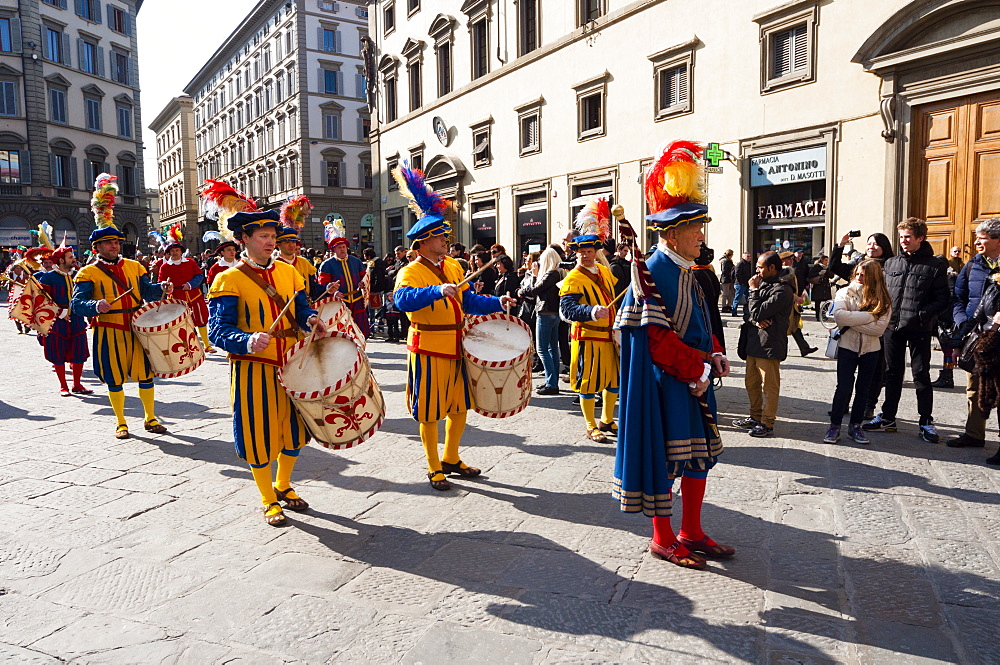 Musicians of Calcio Storico, Piazza Duomo, Florence (Firenze), Tuscany, Italy, Europe