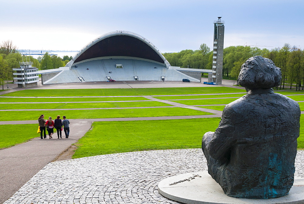 Stadium at Song Festival Grounds and statue of Gustav Ernesaks, Tallinn, Estonia, Baltic States, Europe