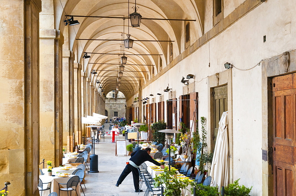 Restaurants at Loggia of Vasari, Piazza Vasari or Piazza Grande, Arezzo, Tuscany, Italy, Europe