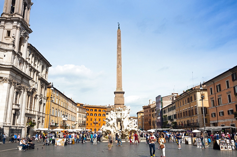 Fontana dei Quattro Fiumi, topped by the Obelisk of Domitian, Piazza Navona, Rome, Lazio, Italy, Europe