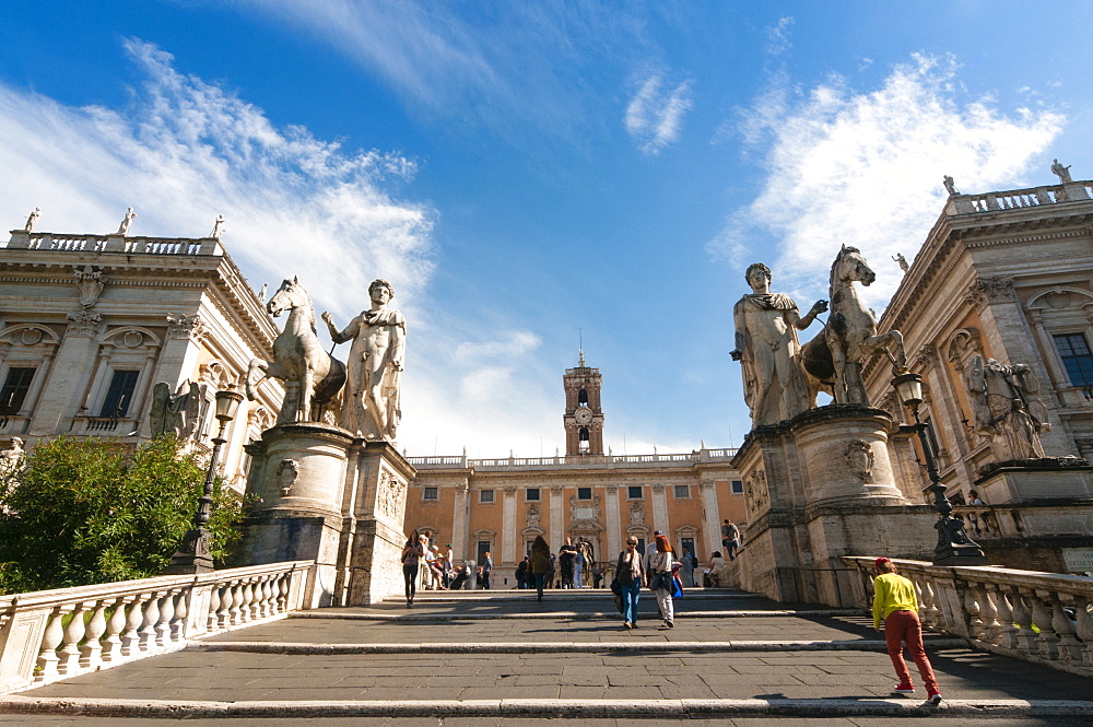 Stairway (Cordonata) to Capitoline Hill, Castor and Pollux (Dioskouri) statues, Campidoglio, Rome, Unesco, Latium, Italy, Europe