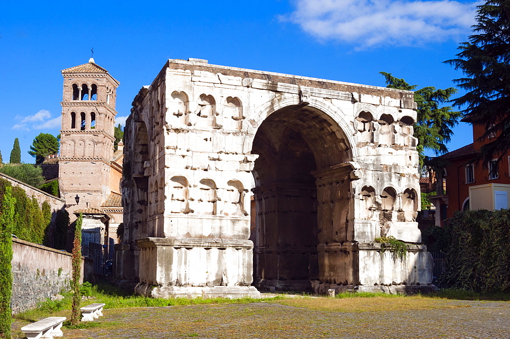 Quadrifrons triumphal arch of Janus, Belltower of San Giorgio in Velabro's church, Rome, UNESCO World Heritage Site, Lazio, Italy, Europe