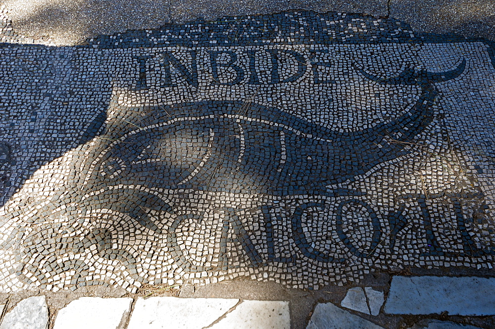 Mosaic of dolphin, Shop of the Fishmongers, Ostia Antica archaeological site, Ostia, Rome province, Lazio, Italy, Europe