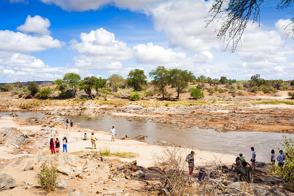 Tourists at Galana River, Tsavo East National Park, Kenya, East Africa, Africa