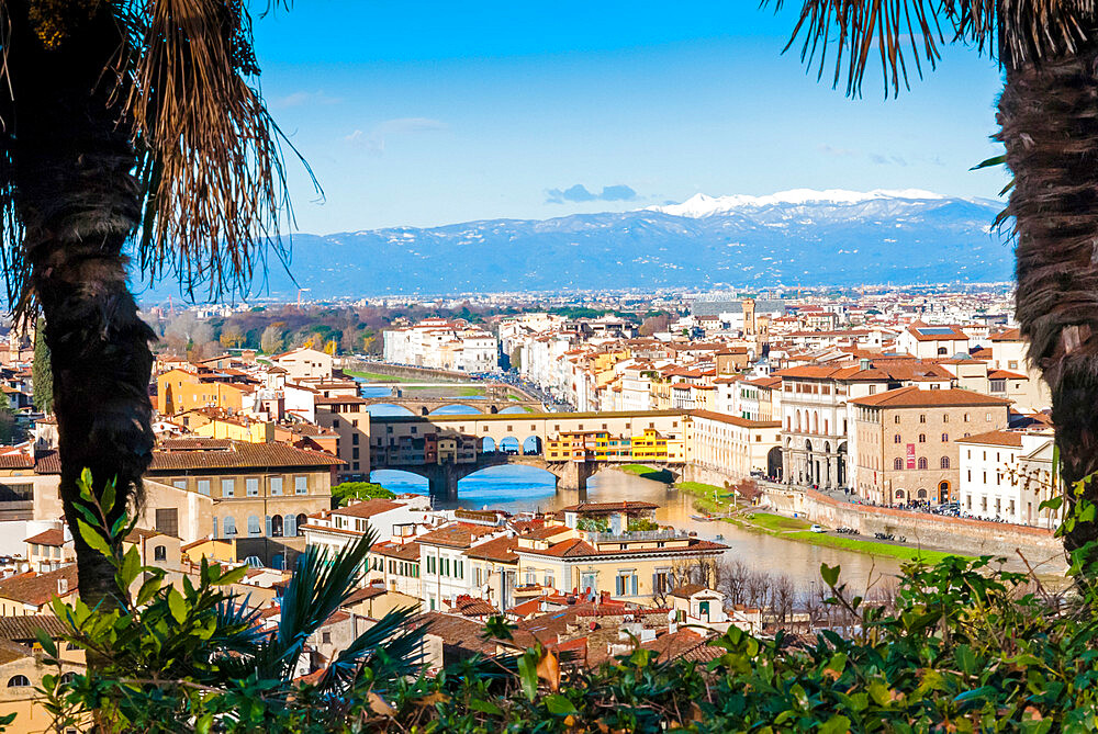 View of Florence and its bridges, Florence, UNESCO World Heritage Site, Tuscany, Italy, Europe