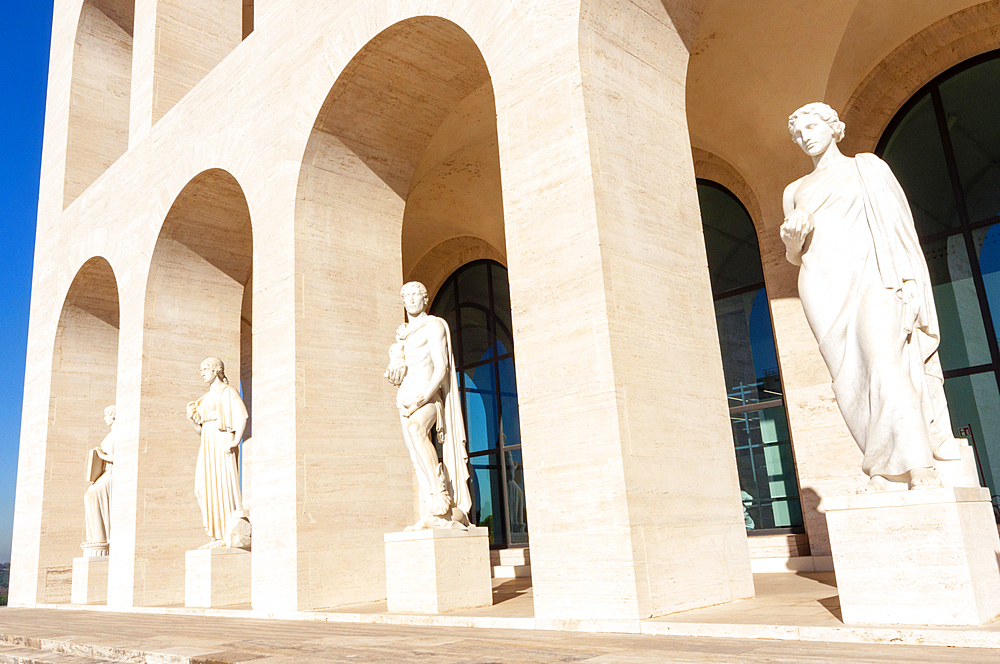 Statues at Palazzo della Civilta Italiana (Palazzo della Civilta del Lavoro) (Square Colosseum), EUR, Rome, Latium (Lazio), Italy, Europe