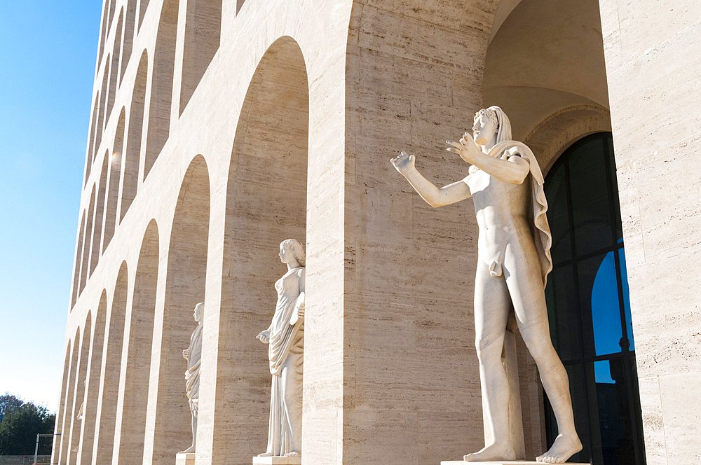 Statues at Palazzo della Civilta Italiana (Palazzo della Civilta del Lavoro) (Square Colosseum), EUR, Rome, Latium (Lazio), Italy, Europe