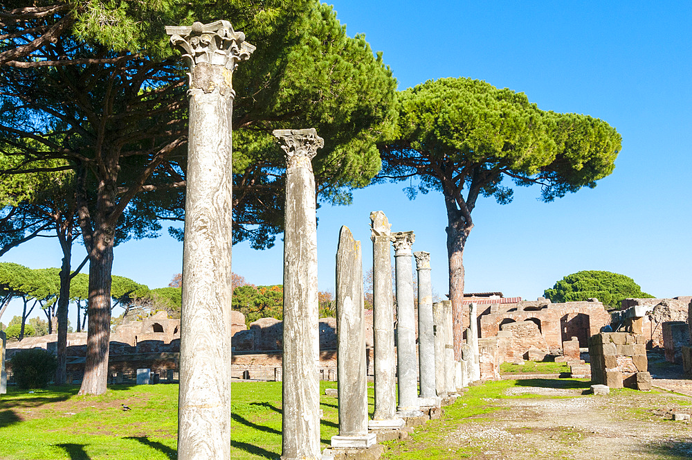 Columns of Theater, Ostia Antica archaeological site, Ostia, Rome province, Latium (Lazio), Italy, Europe