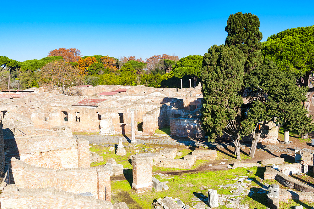 View from above of Ostia Antica archaeological site, Ostia, Rome province, Latium (Lazio), Italy, Europe