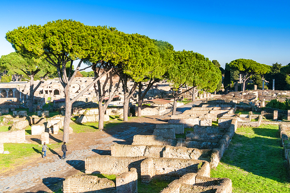 View from above of Decumanus (Main road), Ostia Antica archaeological site, Ostia, Rome province, Latium (Lazio), Italy, Europe