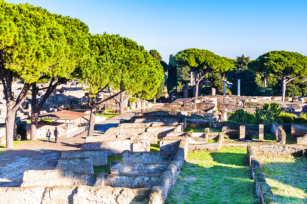 View from above of Decumanus (Main road), Ostia Antica archaeological site, Ostia, Rome province, Latium (Lazio), Italy, Europe