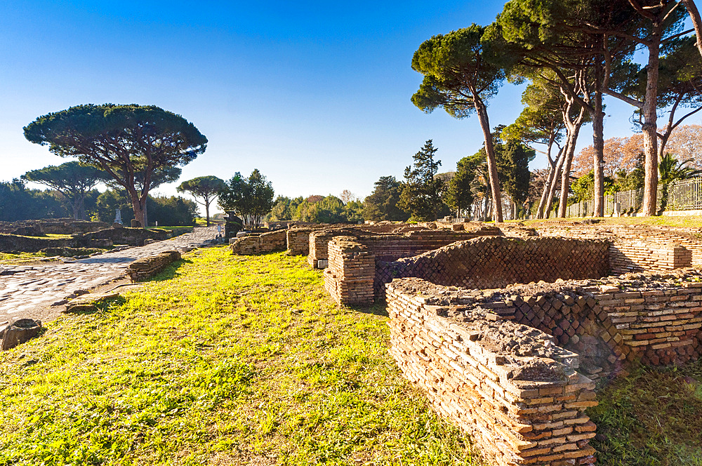 The Portico of the Sloping Roof, Ostia Antica archaeological site, Ostia, Rome province, Latium (Lazio), Italy, Europe