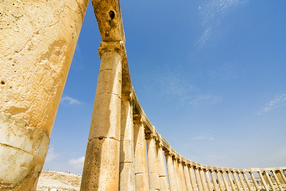 Oval Plaza with colonnade and Ionic columns, Jerash (Gerasa) a Roman Decapolis city, Jordan, Middle East