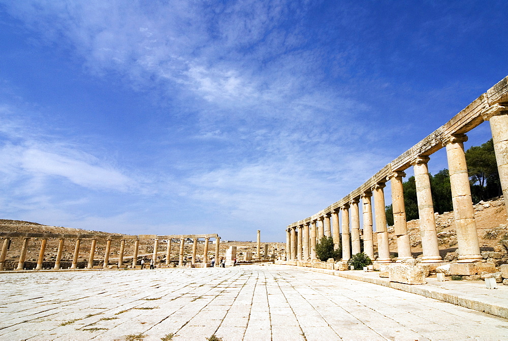 Oval Plaza with colonnade and ionic columns, Jerash (Gerasa), a Roman Decapolis city, Jordan, Middle East