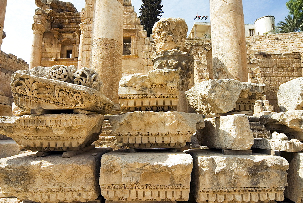 Capitals and ruins in North Colonnaded Street, Jerash (Gerasa), a Roman Decapolis City, Jordan, Middle East