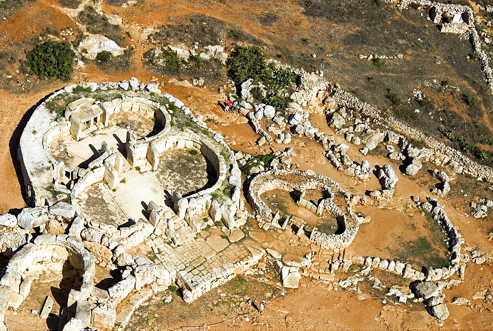 Aerial view of archaeological site, Megalithic Temple of Mnajdra (Mna Jora), UNESCO World Heritage Site, Malta, Europe