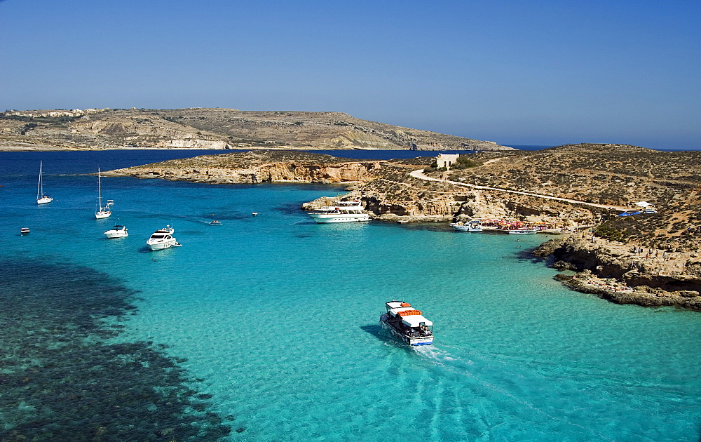 Aerial view of the Blue Lagoon, Comino Island, Malta, Mediterranean, Europe