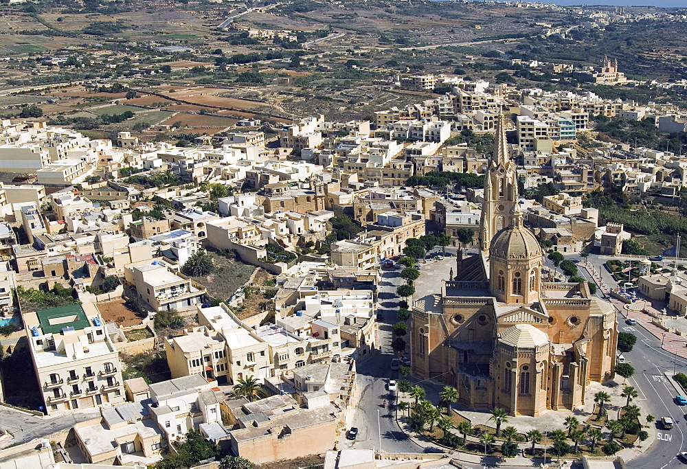 Aerial view of church of Ghajnsielem, Mgarr, Gozo Island, Malta, Europe