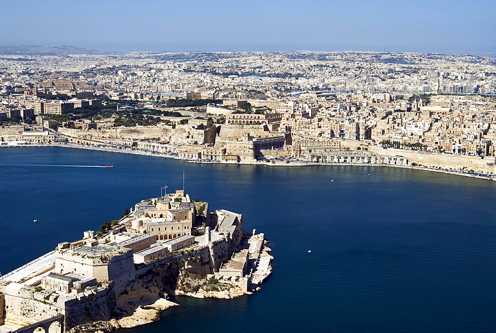 Aerial view of Valletta, Grand Harbour and St. Angel Fort in Vittoriosa or Birgu, Malta, Mediterranean, Europe