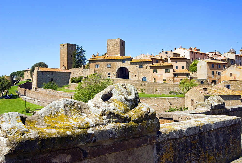 Etrsuscan sarcophagus and view of Tuscania, Tuscania, Viterbo, Lazio, Italy, Europe