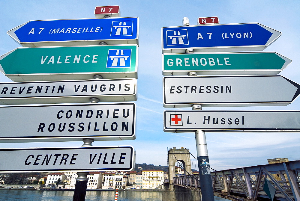 Road sign, Pont de la Passerelle, River Rhone, Vienne, Rhone Valley, France