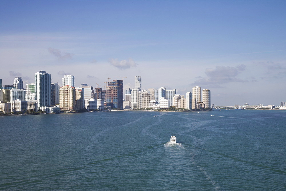 Miami skyline viewed from Rickenbacker causeway, Key Biscayne, Miami, Florida, United States of America, North America