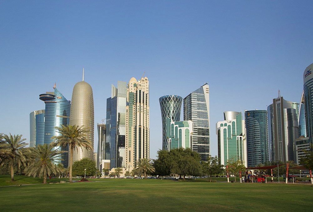 Futuristic skyscrapers downtown in Doha, Qatar, Middle East