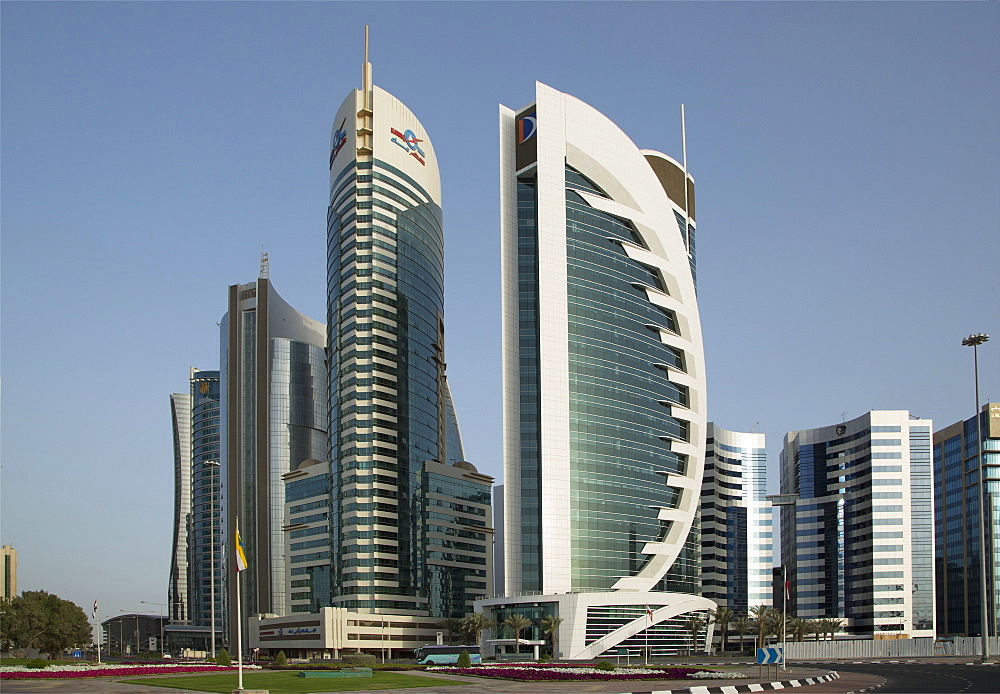 Futuristic skyscrapers downtown in Doha, Qatar, Middle East