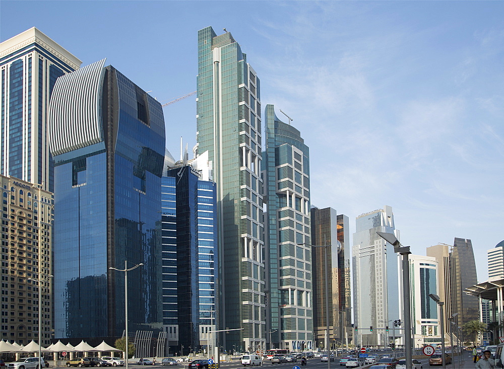 Futuristic skyscrapers downtown in Doha, Qatar, Middle East