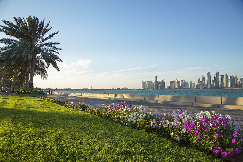 Futuristic skyscrapers on the distant Doha skyline, Qatar, Middle East