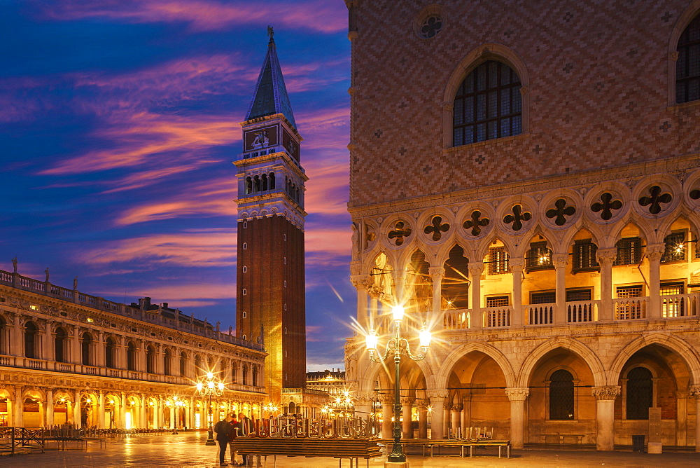 Doges Palace and Campanile after sunset, Venice, UNESCO World Heritage Site, Veneto, Italy, Europe