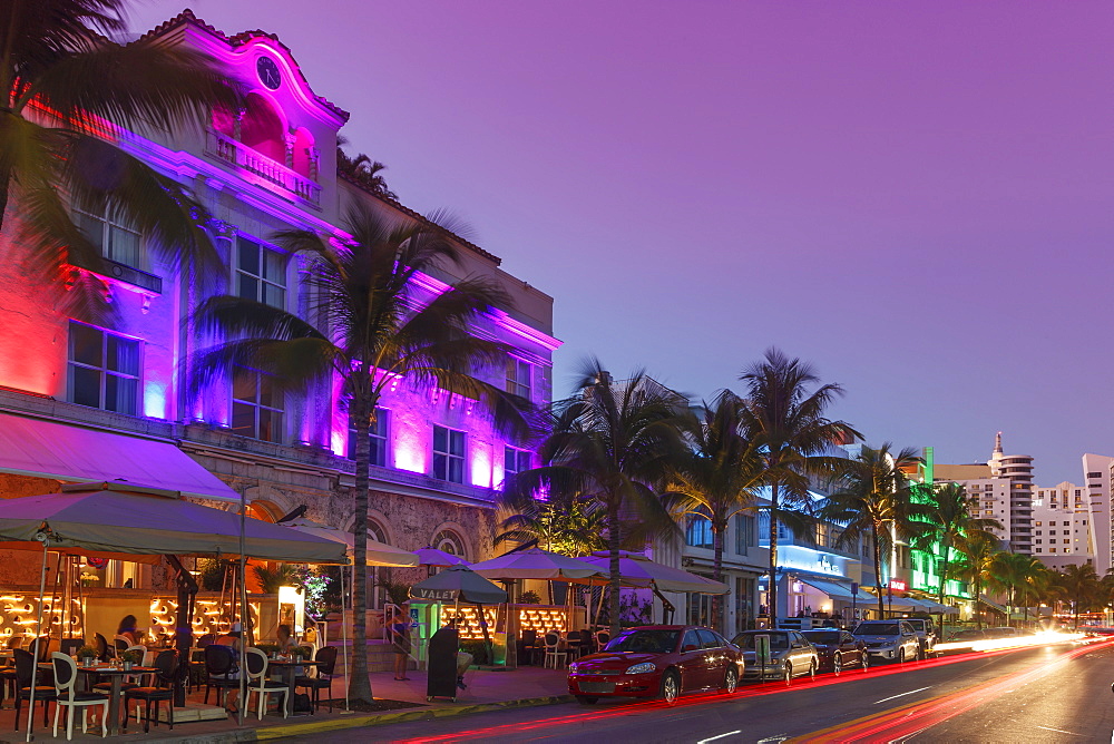 Art Deco District at night, Ocean Drive, South Beach, Miami Beach, Florida, United States of America, North America