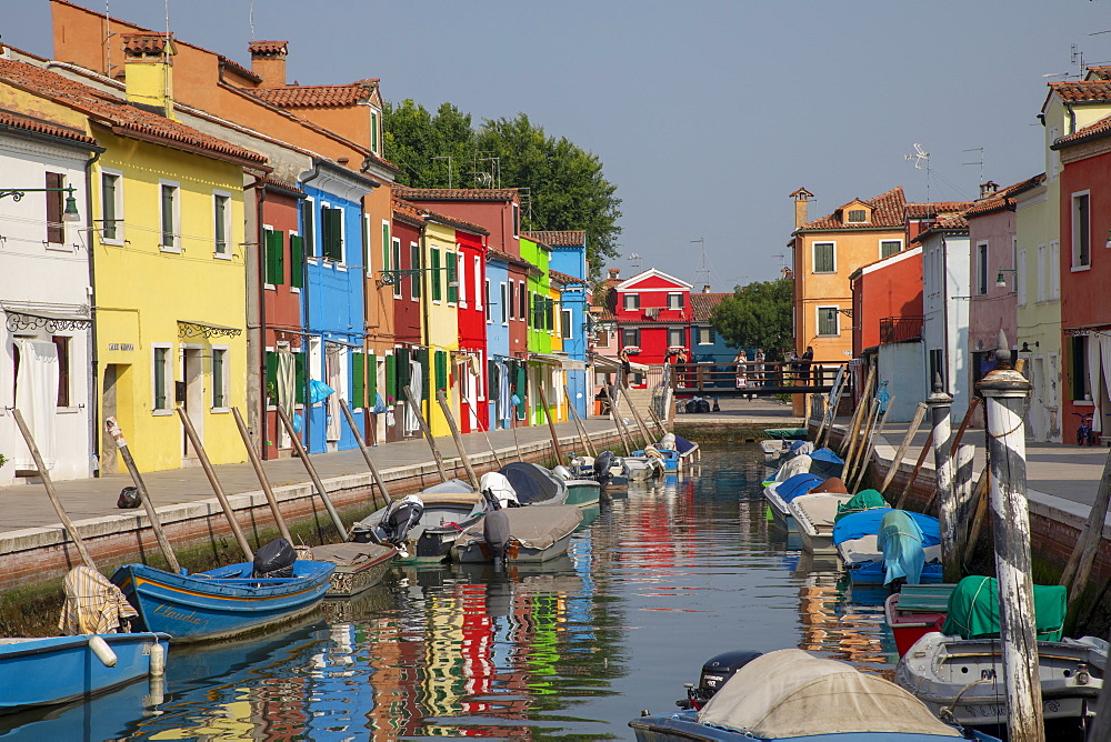 Colorful buildings on canal in Burano, Italy, Europe