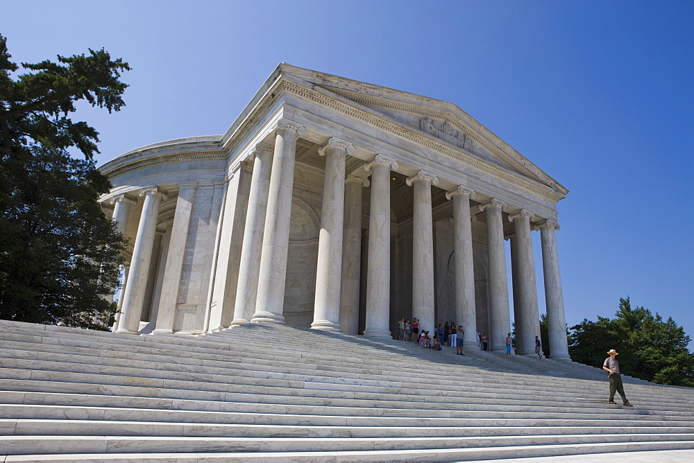 Guard descending the steps of the Jefferson Memorial, Washington D.C., United States of America, North America