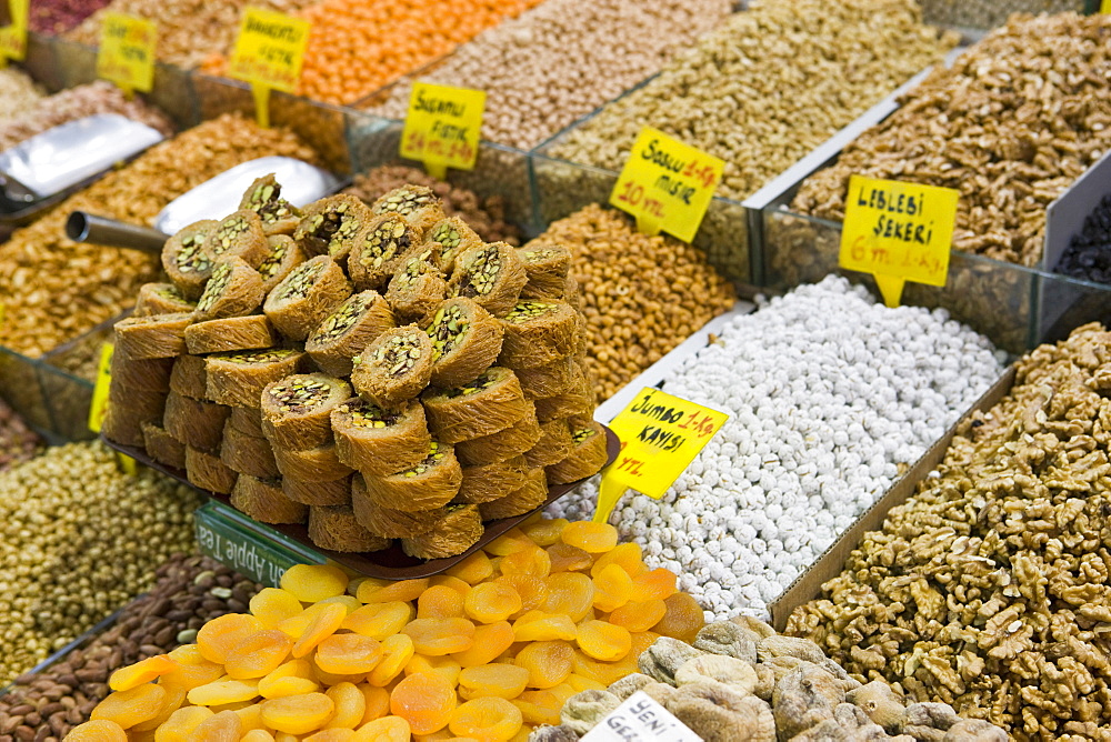 Baklava and dried fruit and nuts for sale, Spice Bazaar, Istanbul, Turkey, Western Asia