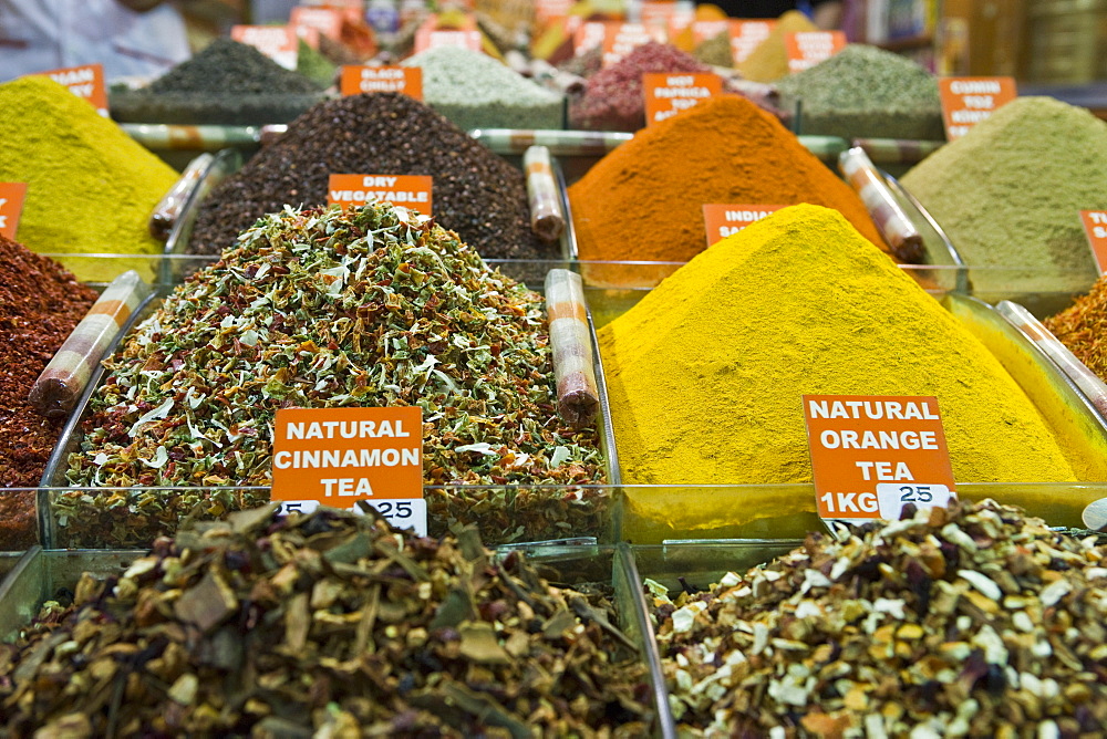 Tea and spices for sale in Spice Bazaar, Istanbul, Turkey, Western Asia