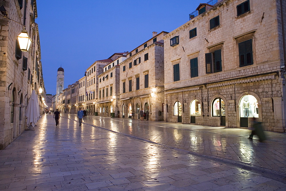 Early morning view along Stradun Street, tower of the Church of St. Saviour, Dubrovnik Old Town, UNESCO World Heritage Site, Dalmatia, Croatia, Europe