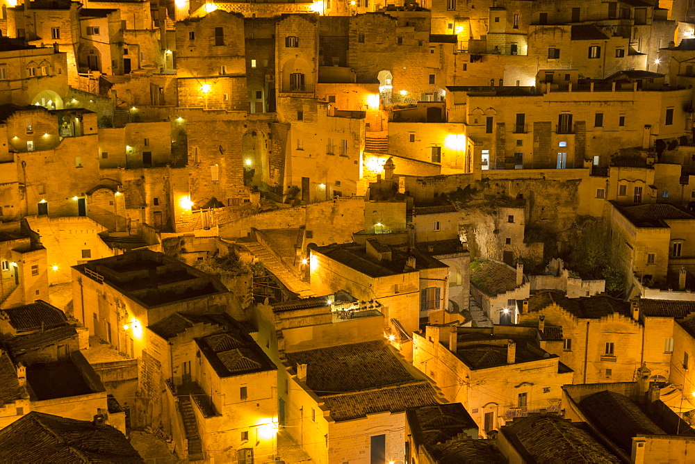 Houses at night in the Sassi area of Matera, Basilicata, Italy, Europe