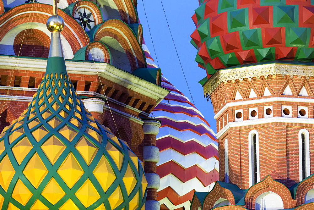 Detail of the onion domes of St. Basil's Cathedral in Red Square, UNESCO World Heritage Site, Moscow, Russia, Europe